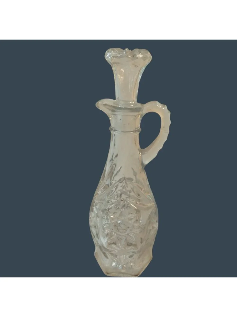 Vintage Clear Glass Cruet Bottle With Stopper Handle Decorative Starburst Floral